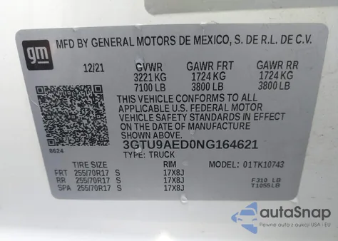 2022 GMC Sierra 1500 Limited 4Wd Standard Box Pro z USA, uszkodzony, nr VIN 3GTU9AED0NG164621